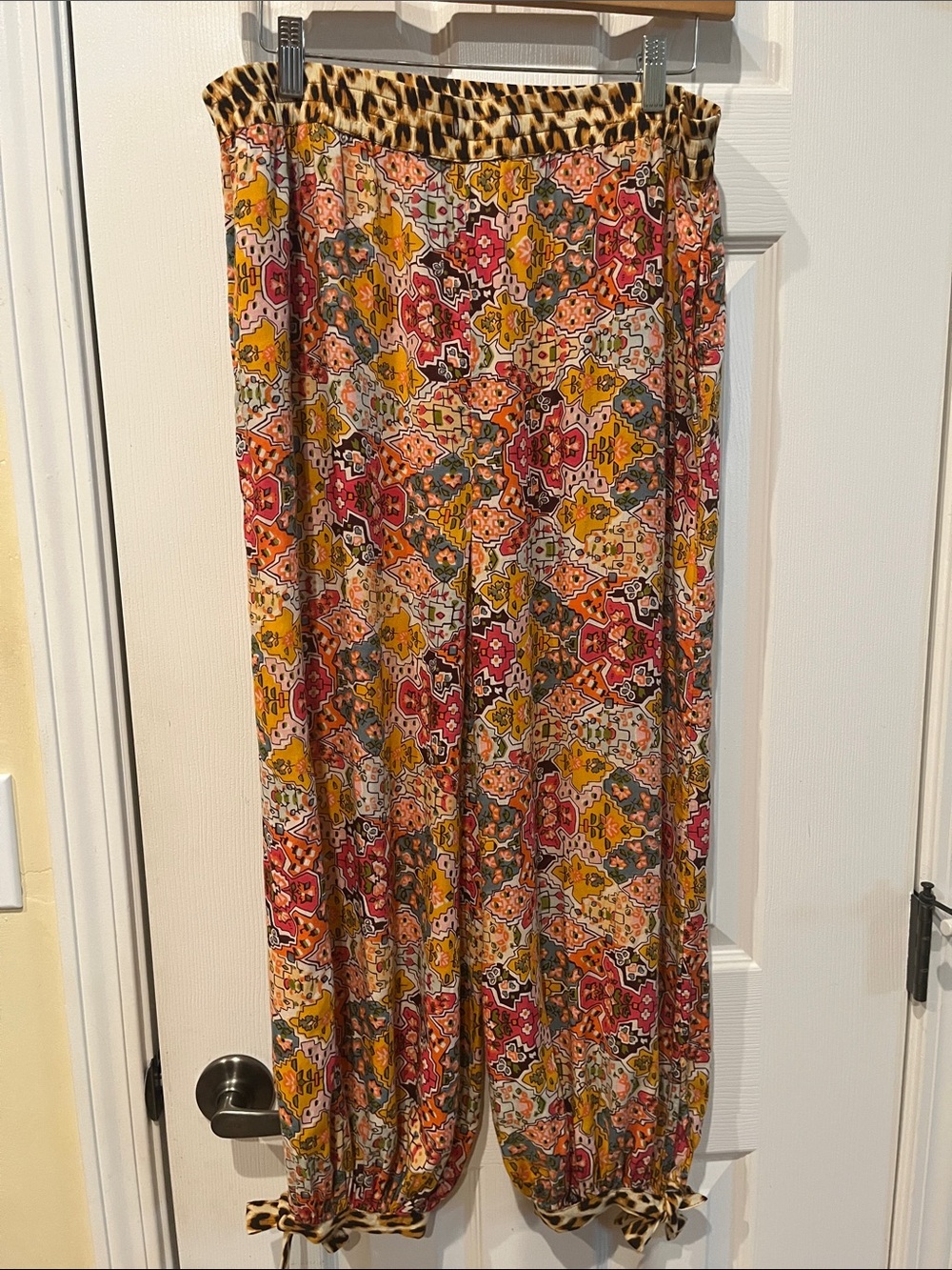 Anthropologie Floral Print and Leopard Flowy Pants with Tie Ankles
